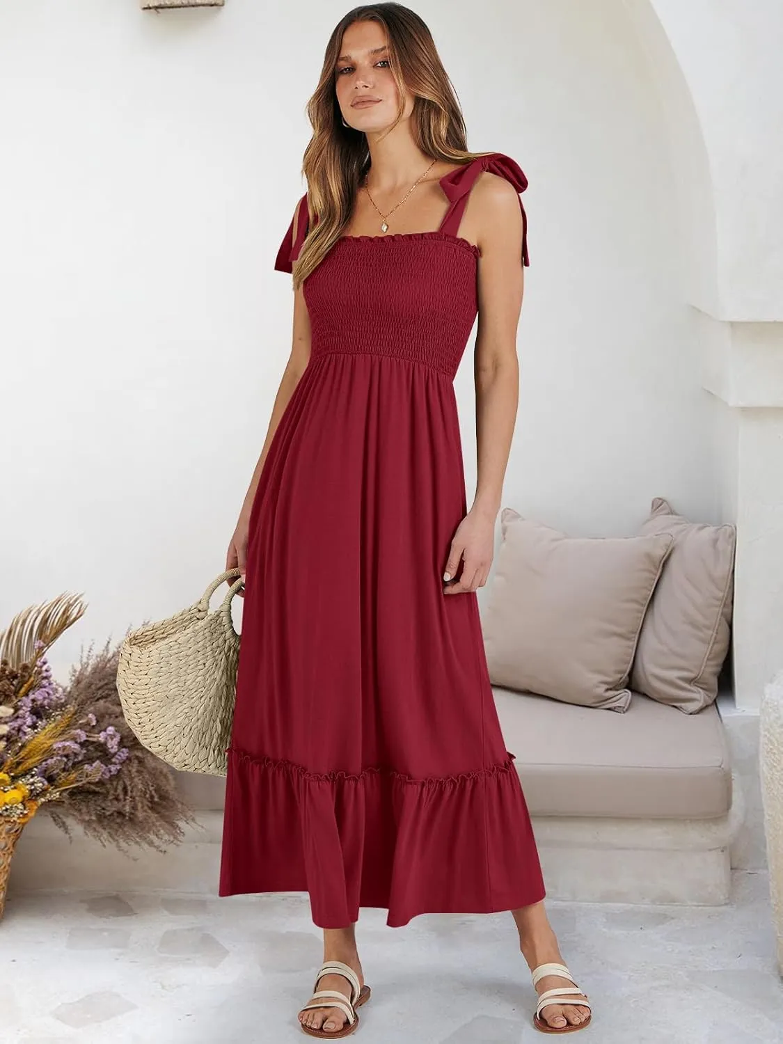 ANRABESS Women Summer Casual Strap Smocked Maxi Flowy Tiered A Line Beach Travel Sundress Wedding Guest Outfits
