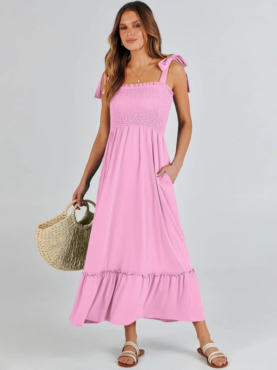 ANRABESS Women Summer Casual Strap Smocked Maxi Flowy Tiered A Line Beach Travel Sundress Wedding Guest Outfits