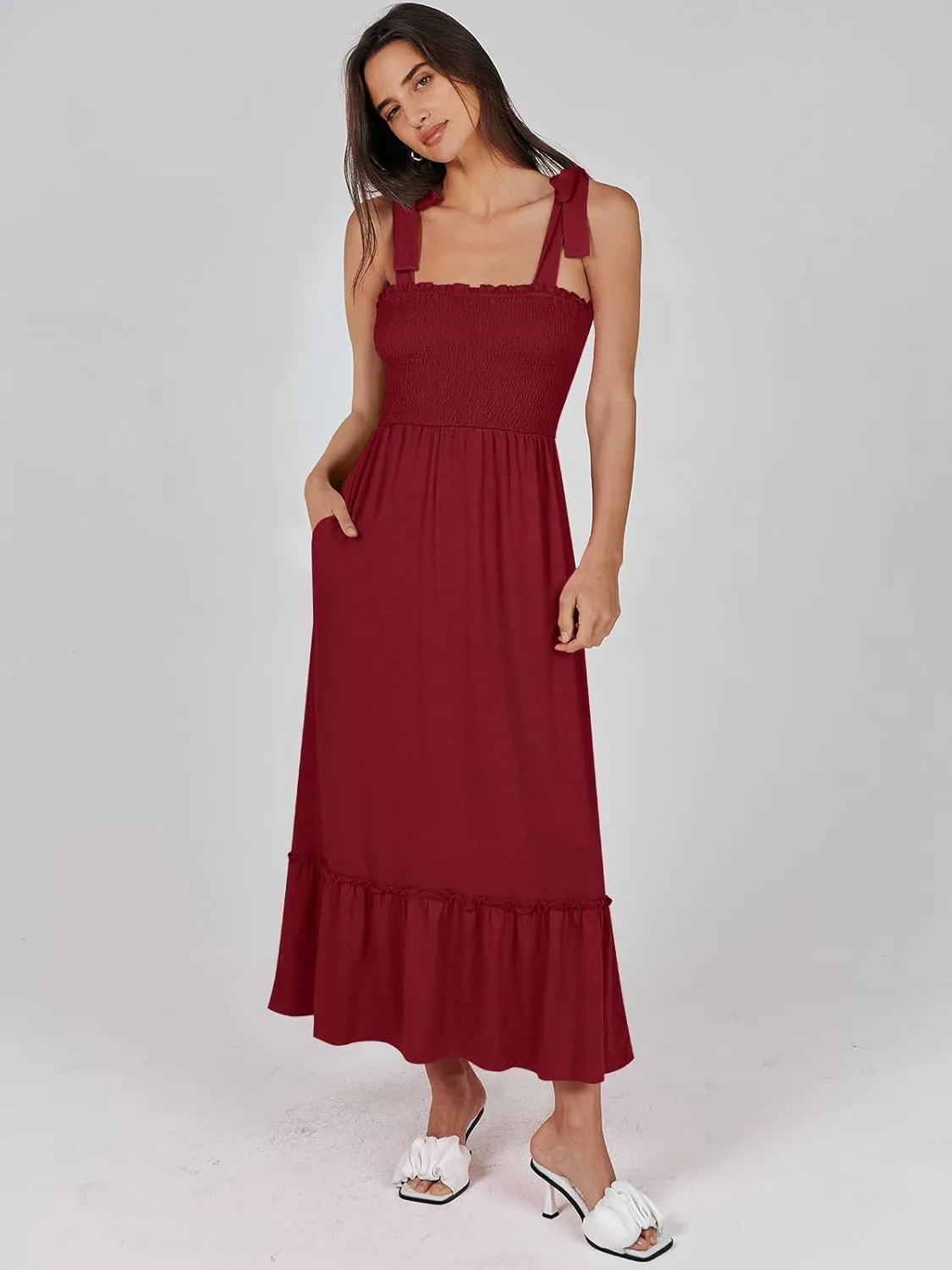 ANRABESS Women Summer Casual Strap Smocked Maxi Flowy Tiered A Line Beach Travel Sundress Wedding Guest Outfits