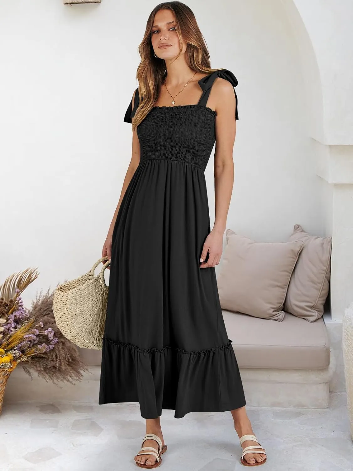 ANRABESS Women Summer Casual Strap Smocked Maxi Flowy Tiered A Line Beach Travel Sundress Wedding Guest Outfits
