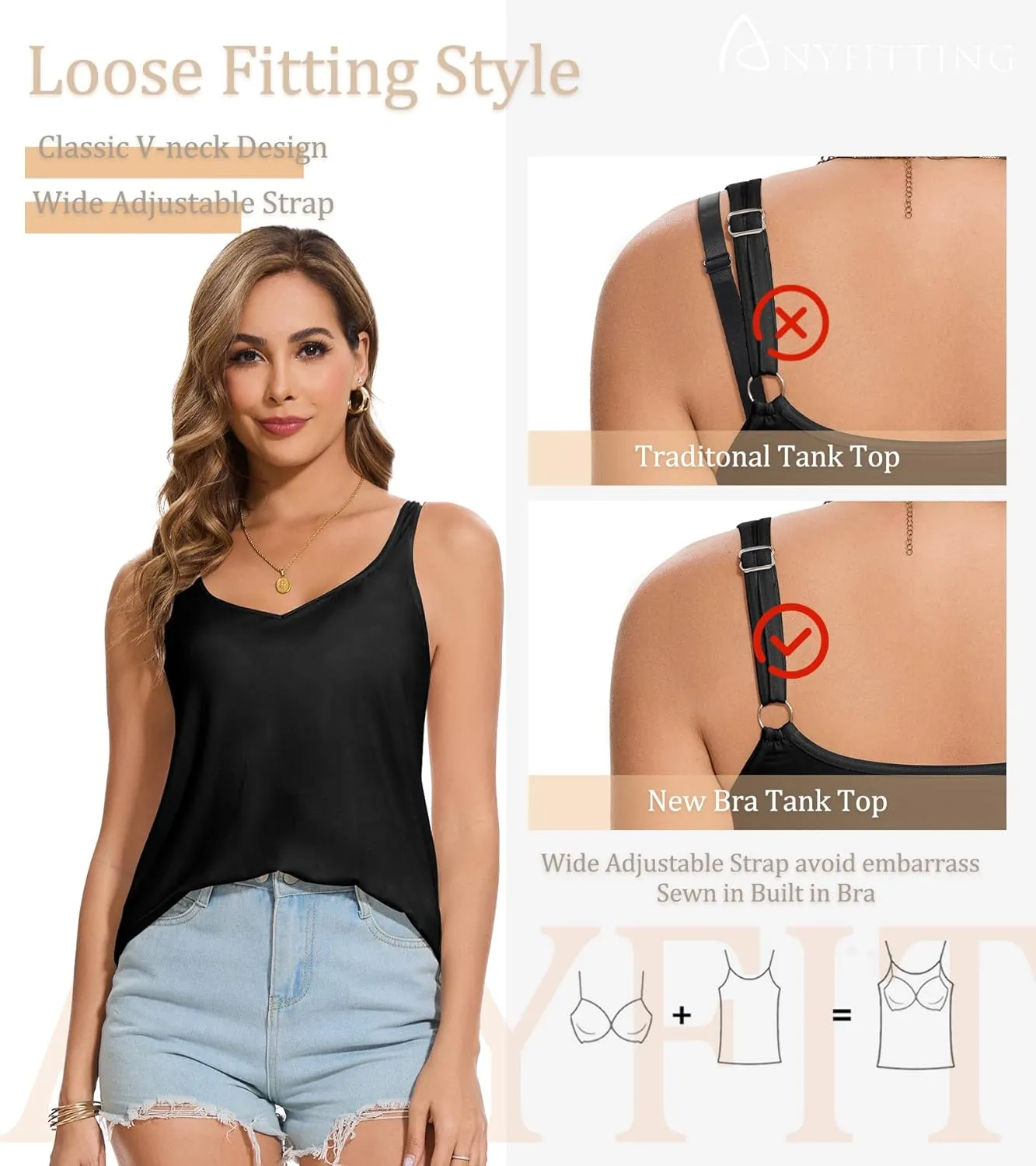 ANYFITTING V Neck Tank Top with Built in Bras Wide Strap Loose Fitting Flowy Summer Sleeveless Shirt