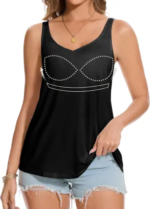 ANYFITTING V Neck Tank Top with Built in Bras Wide Strap Loose Fitting Flowy Summer Sleeveless Shirt