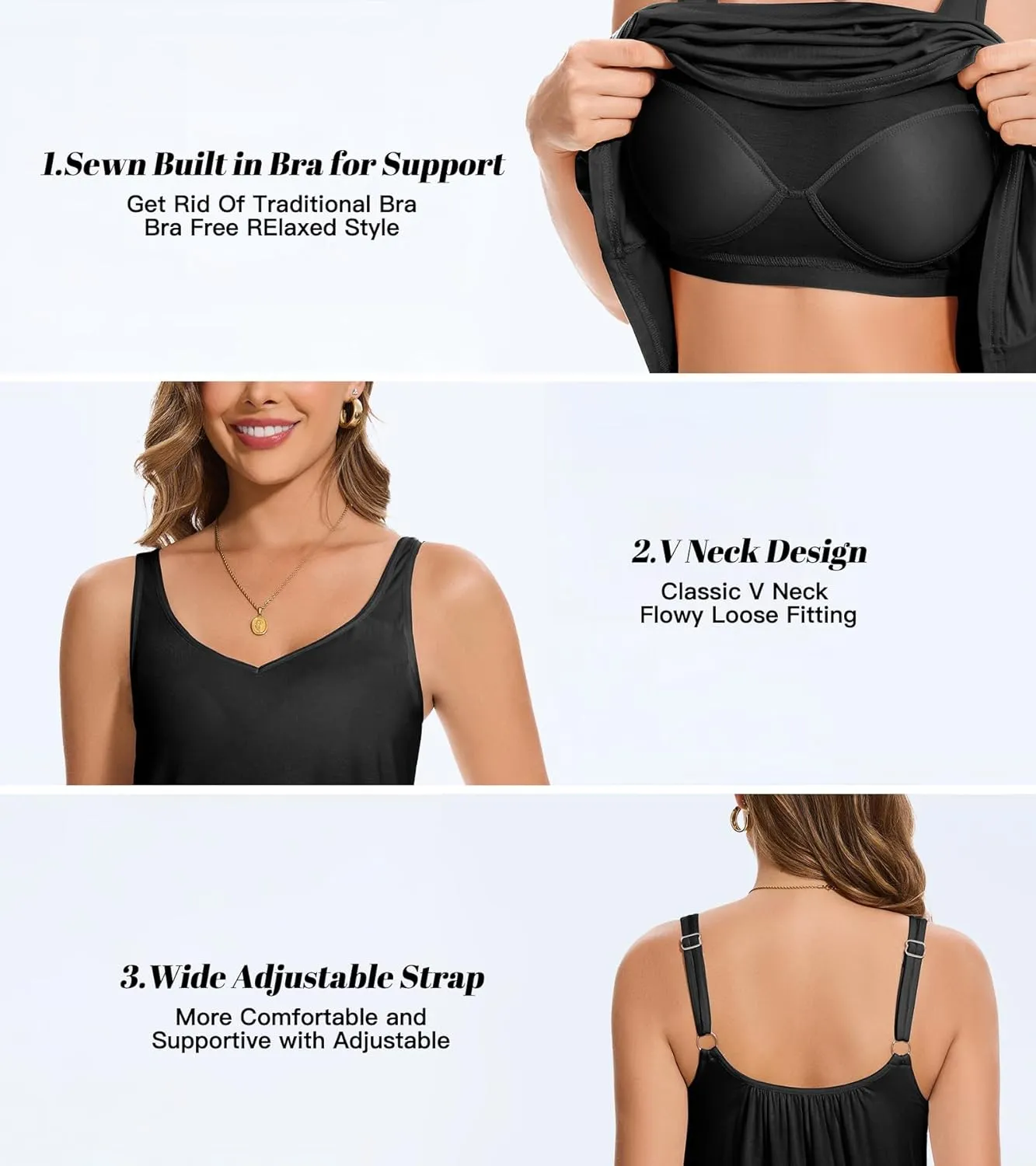 ANYFITTING V Neck Tank Top with Built in Bras Wide Strap Loose Fitting Flowy Summer Sleeveless Shirt
