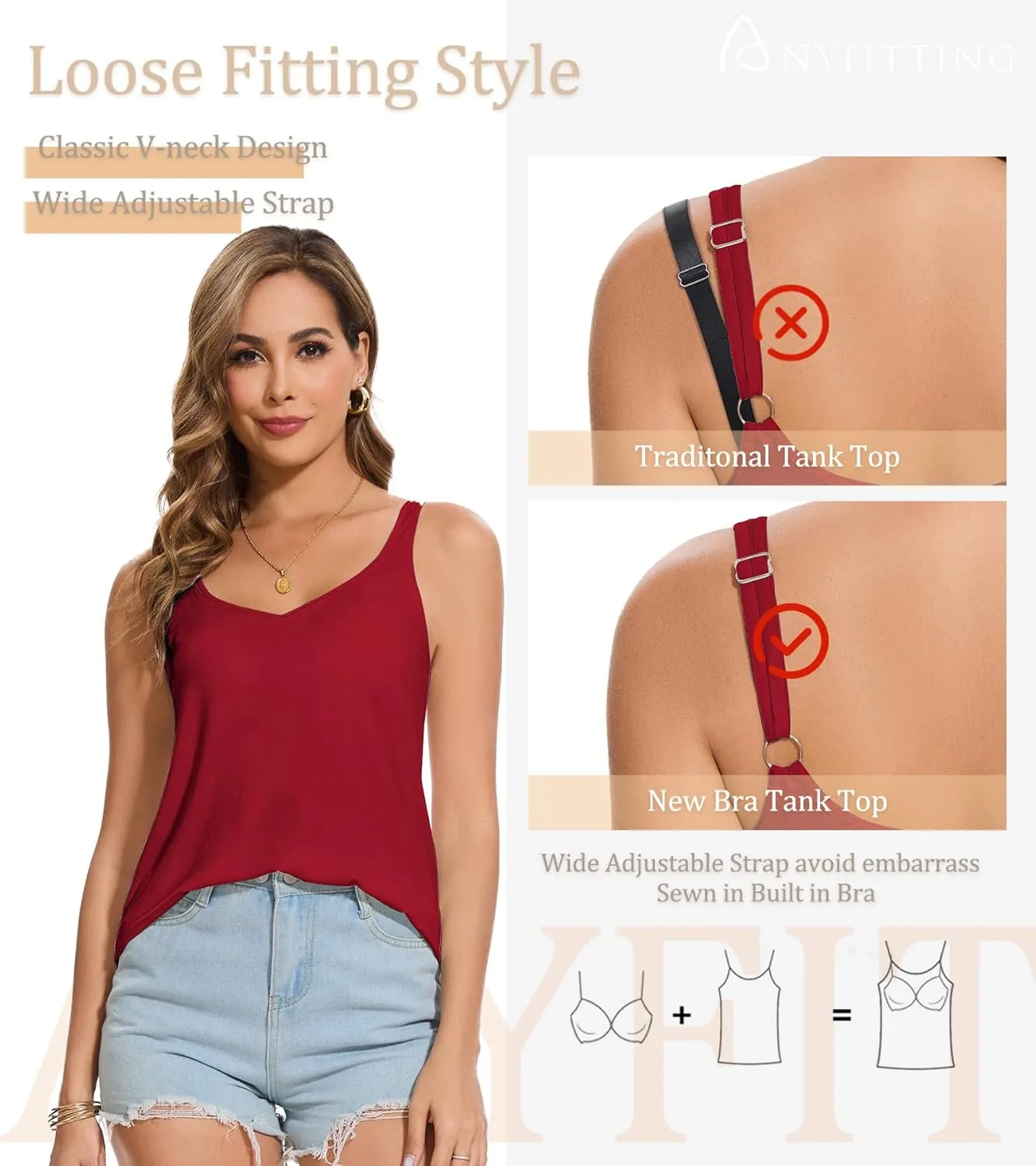 ANYFITTING V Neck Tank Top with Built in Bras Wide Strap Loose Fitting Flowy Summer Sleeveless Shirt
