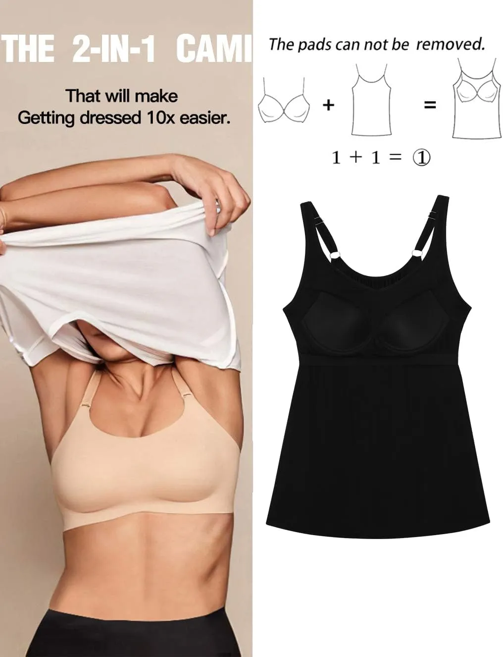 ANYFITTING V Neck Tank Top with Built in Bras Wide Strap Loose Fitting Flowy Summer Sleeveless Shirt