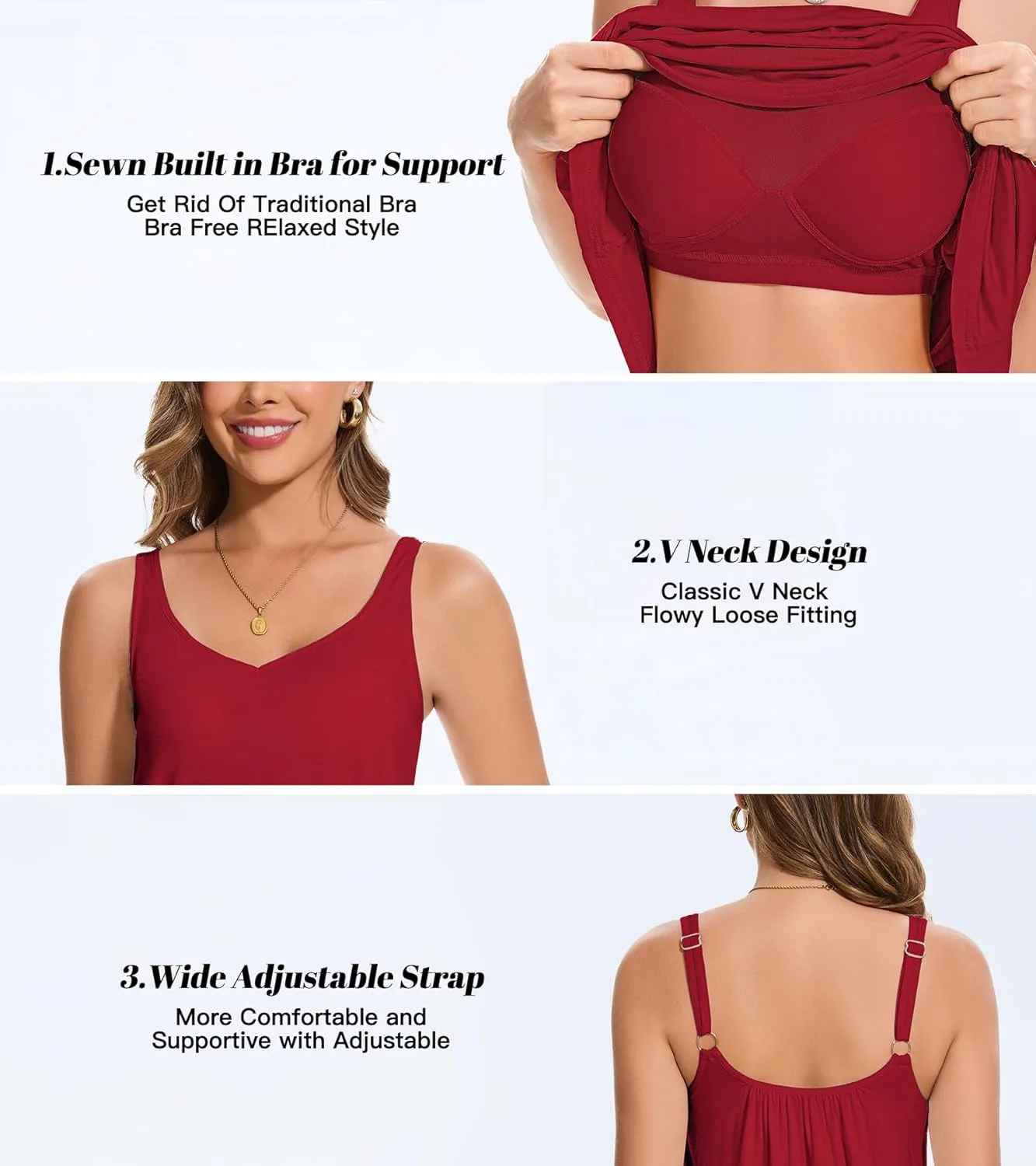 ANYFITTING V Neck Tank Top with Built in Bras Wide Strap Loose Fitting Flowy Summer Sleeveless Shirt