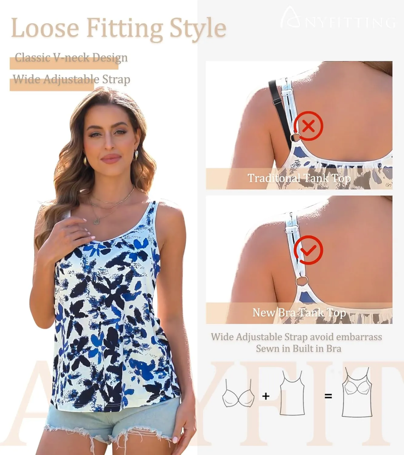 ANYFITTING V Neck Tank Top with Built in Bras Wide Strap Loose Fitting Flowy Summer Sleeveless Shirt