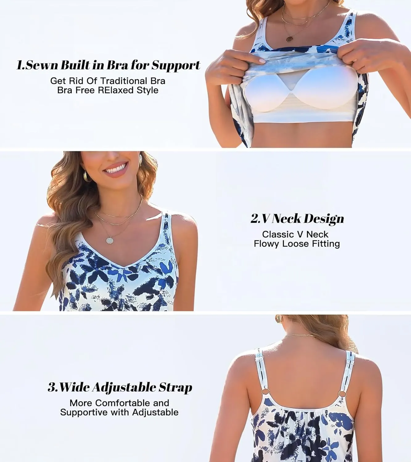 ANYFITTING V Neck Tank Top with Built in Bras Wide Strap Loose Fitting Flowy Summer Sleeveless Shirt