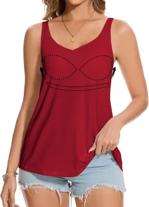 ANYFITTING V Neck Tank Top with Built in Bras Wide Strap Loose Fitting Flowy Summer Sleeveless Shirt