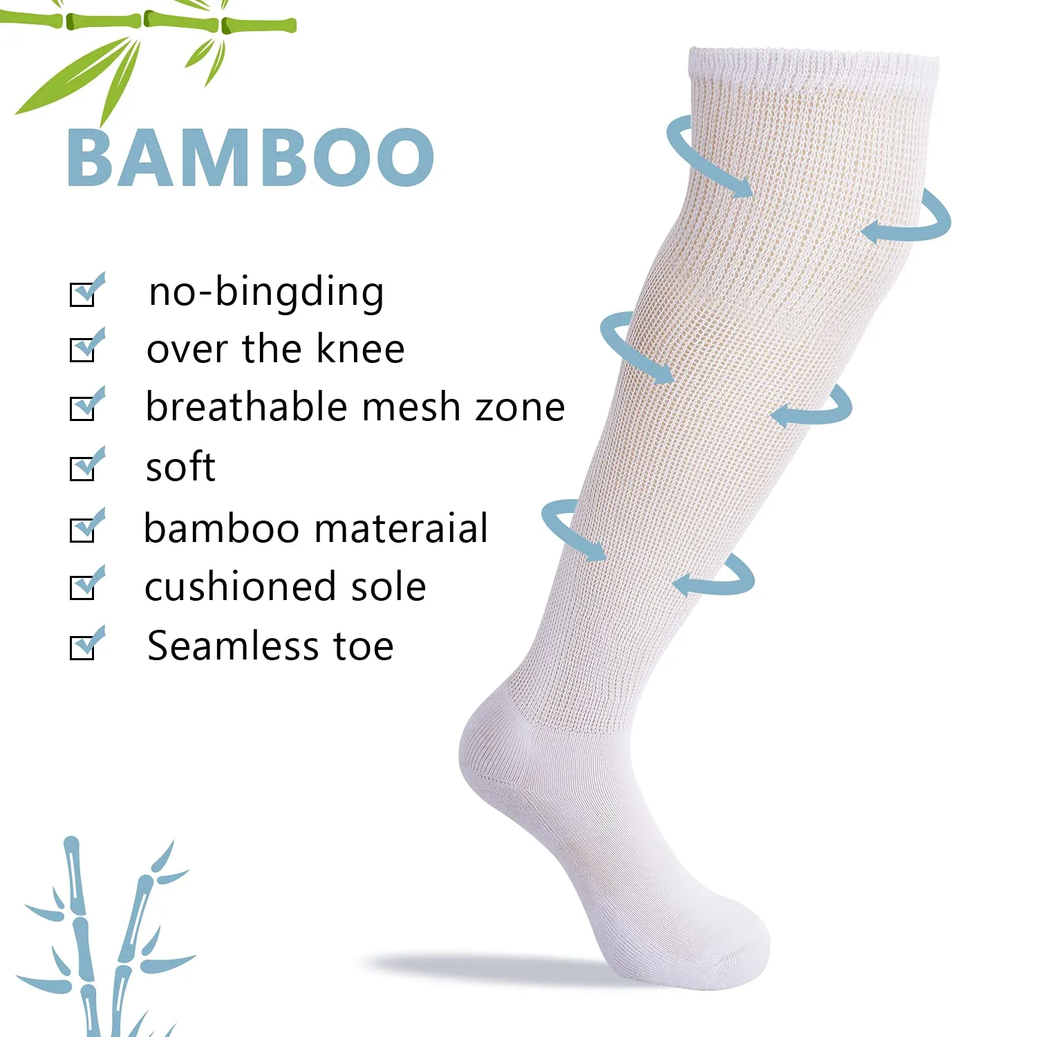 Athlemo Women&Men Bamboo Diabetic Socks 2 Pairs Loose Fit Non-Binding Over the Knee Seamless Breathable Anti-odor White(2 Pairs) 9-11