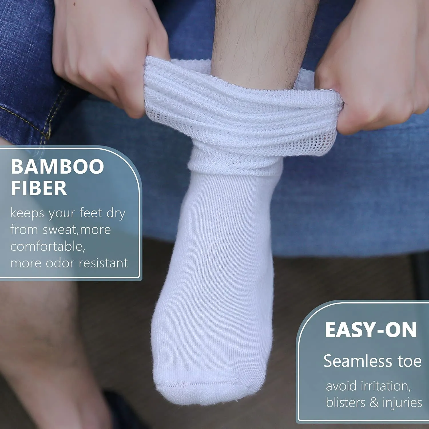 Athlemo Women&Men Bamboo Diabetic Socks 2 Pairs Loose Fit Non-Binding Over the Knee Seamless Breathable Anti-odor White(2 Pairs) 9-11
