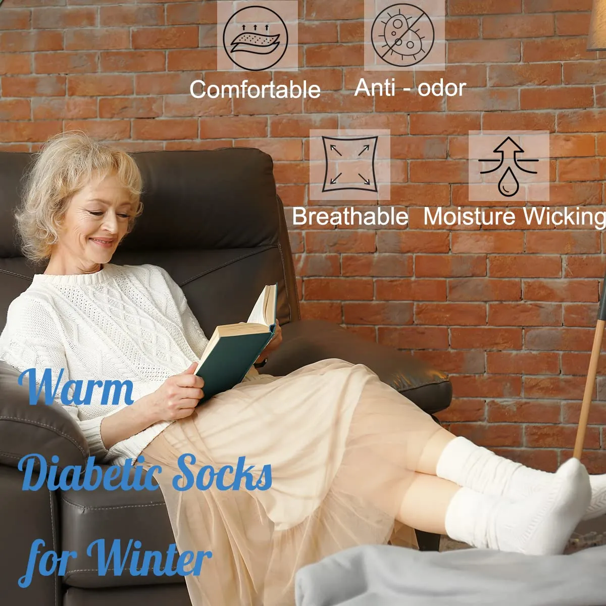 Athlemo Women&Men Bamboo Diabetic Socks 2 Pairs Loose Fit Non-Binding Over the Knee Seamless Breathable Anti-odor White(2 Pairs) 9-11