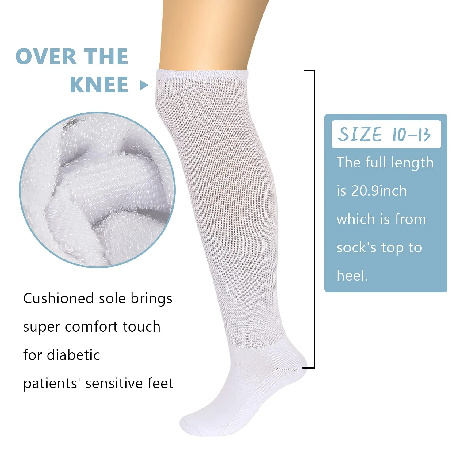 Athlemo Women&Men Bamboo Diabetic Socks 2 Pairs Loose Fit Non-Binding Over the Knee Seamless Breathable Anti-odor White(2 Pairs) 9-11