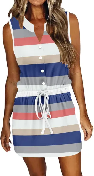 AUSELILY Womens Summer Dresses 2025 Casual V Neck Sleeveless Drawstring Button Mini Dress with Pockets