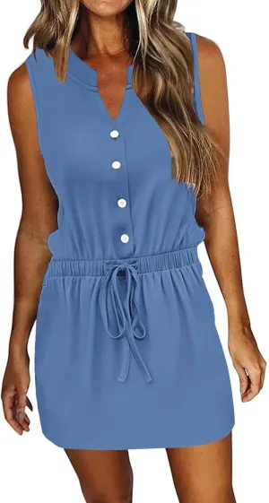 AUSELILY Womens Summer Dresses 2025 Casual V Neck Sleeveless Drawstring Button Mini Dress with Pockets