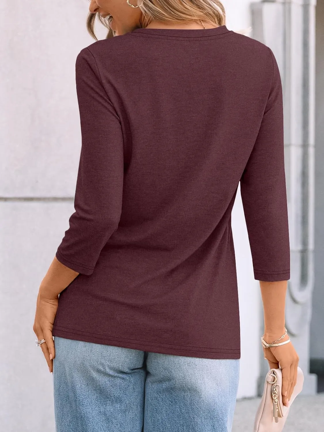 AUTOMET Women's Summer 3/4 Length Sleeve Tops Crew Neck Casual Tunics Dressy Pleated T Shirts Fall Blouses 2025