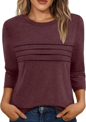 AUTOMET Women's Summer 3/4 Length Sleeve Tops Crew Neck Casual Tunics Dressy Pleated T Shirts Fall Blouses 2025