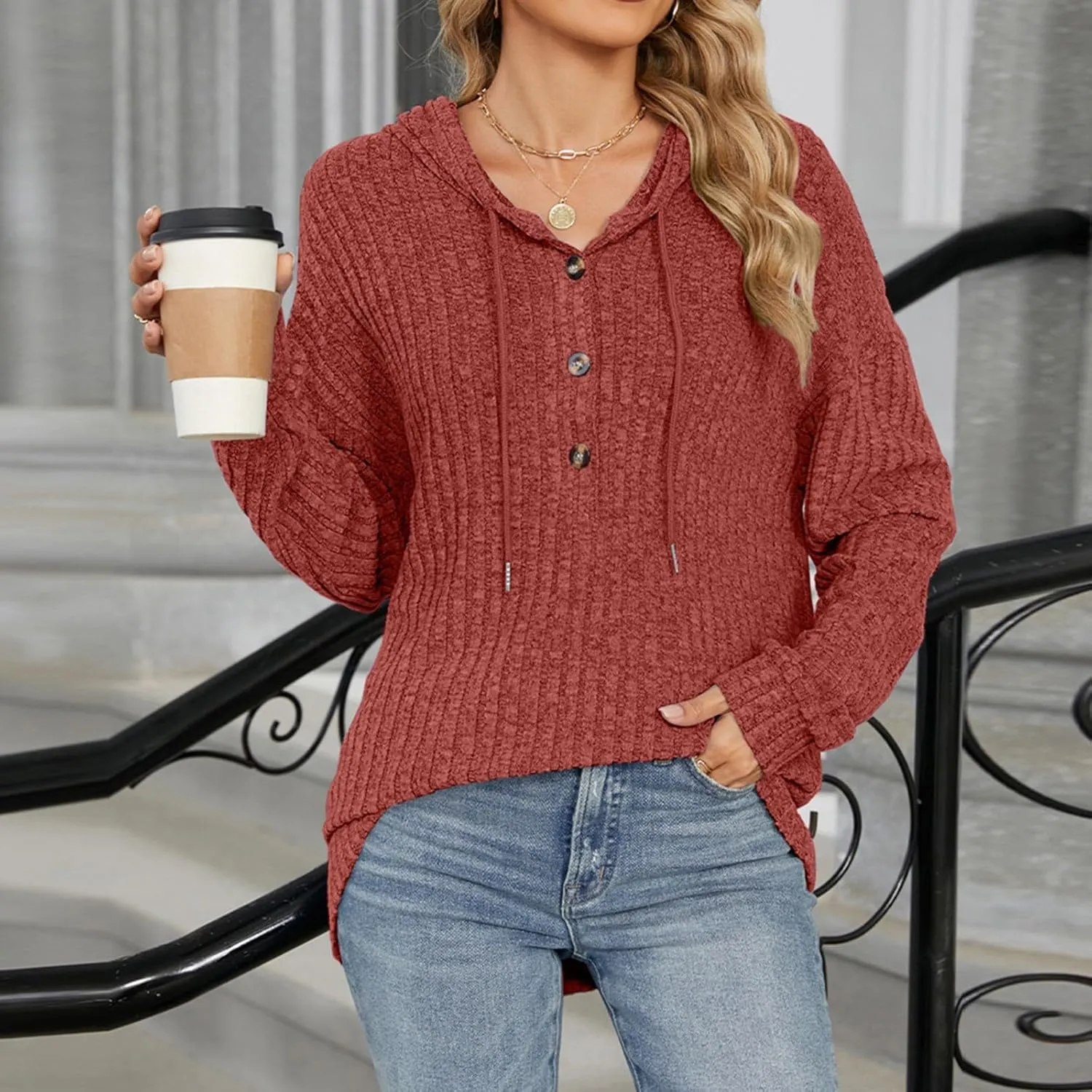 Autumn Slouchy Sweater Fashion Striped Knit Long Sleeve Drawstring Hooded Button Down Tunics Casual Party Work Tops