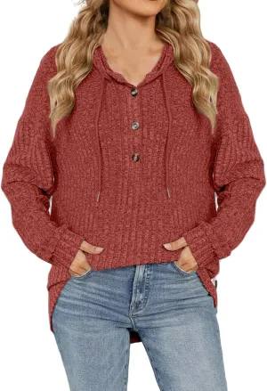 Autumn Slouchy Sweater Fashion Striped Knit Long Sleeve Drawstring Hooded Button Down Tunics Casual Party Work Tops