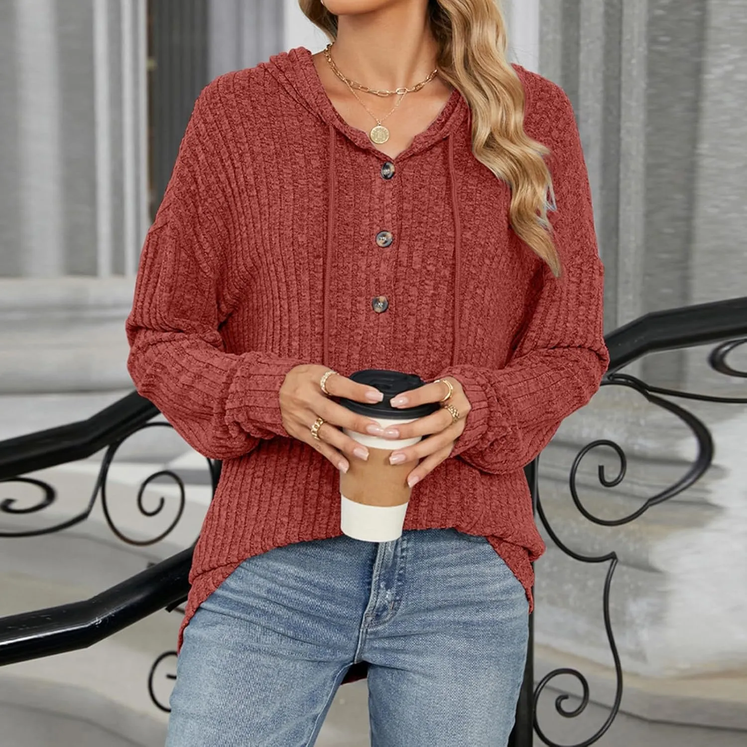 Autumn Slouchy Sweater Fashion Striped Knit Long Sleeve Drawstring Hooded Button Down Tunics Casual Party Work Tops