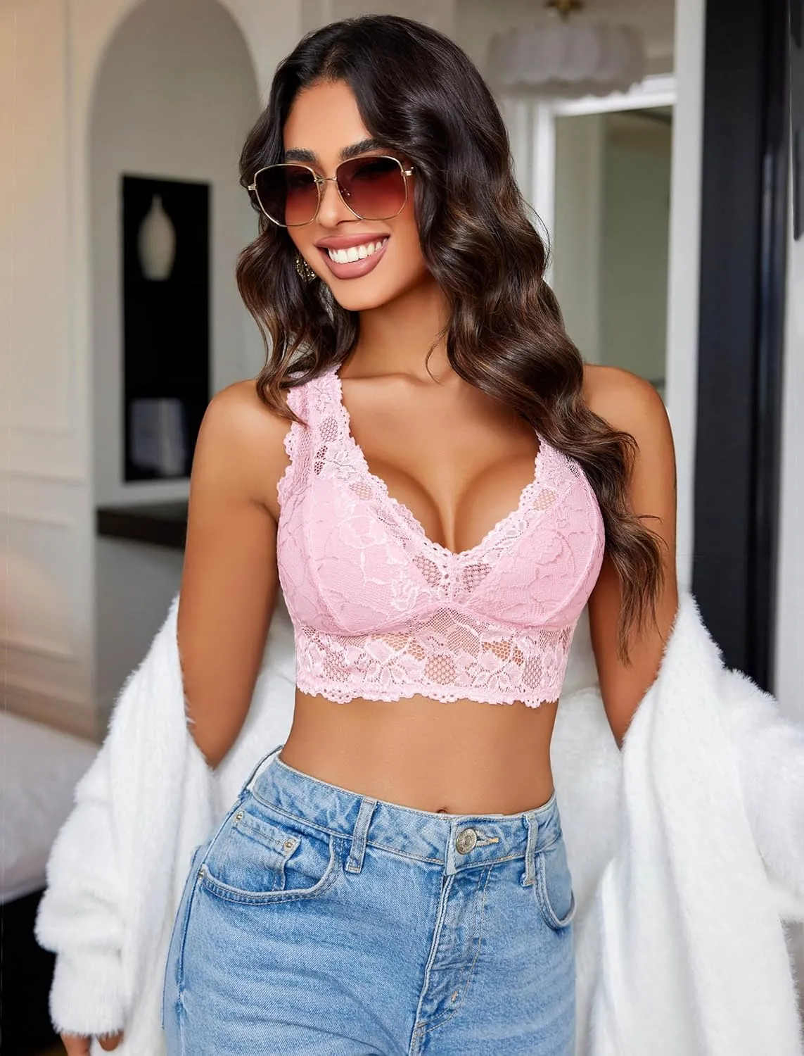 Avidlove Bralettes for Women Lace Bra Non Padded Longline Bralette Deep V Triangle Sexy Everyday Lingerie Bras