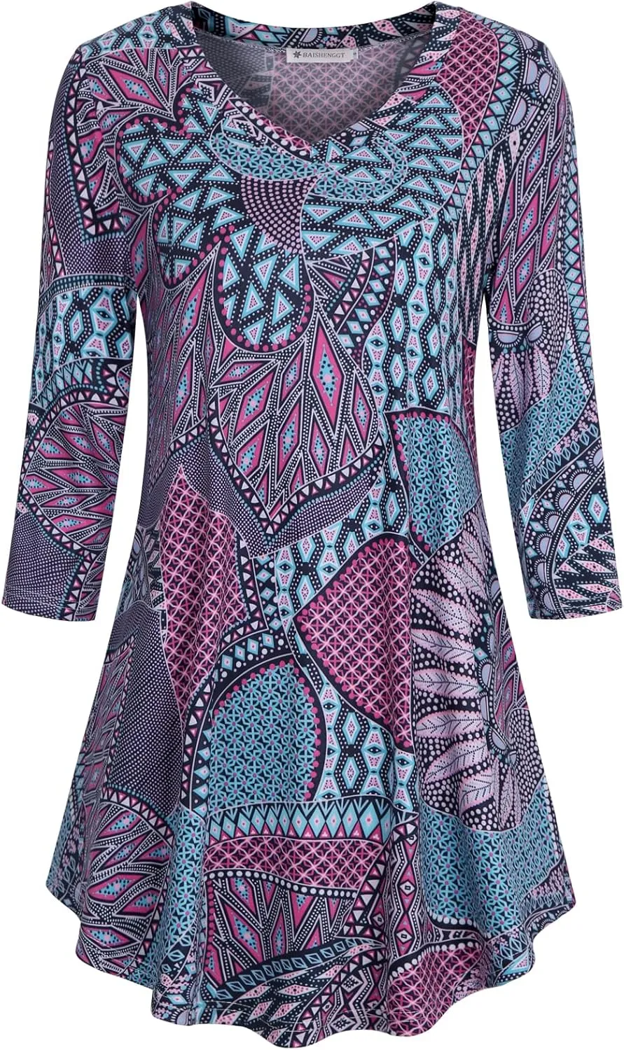 BAISHENGGT Women's V Neck 3/4 Sleeve Tunic Tops for Leggings Casual Dressy T-Shirts Blouses