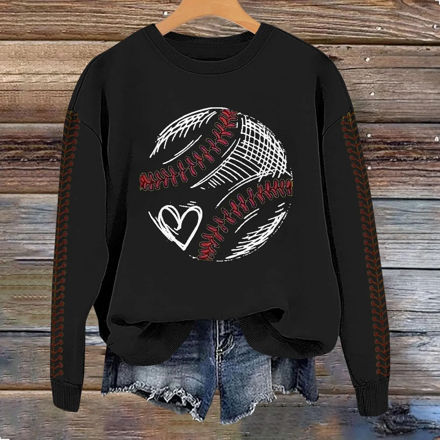 Baseball Sweatshirt for Womens 2025 Long Sleeves Round Neck Pullover Baseball Letter Print Blouses Fall Workout Tops