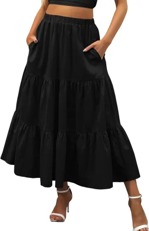 Beach Skirt with Pockets Pleated Skirts Ruffle Elastic Boho Swing Summer High Rise 2023 Vintage Robe Modest Dress Black