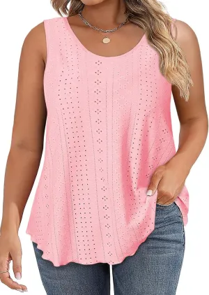 Beautife Womens Plus Size Eyelet Tank Tops Summer Casual Scoop Neck Sleeveless Shirts Loose Fit Flowy Curvy Tunics