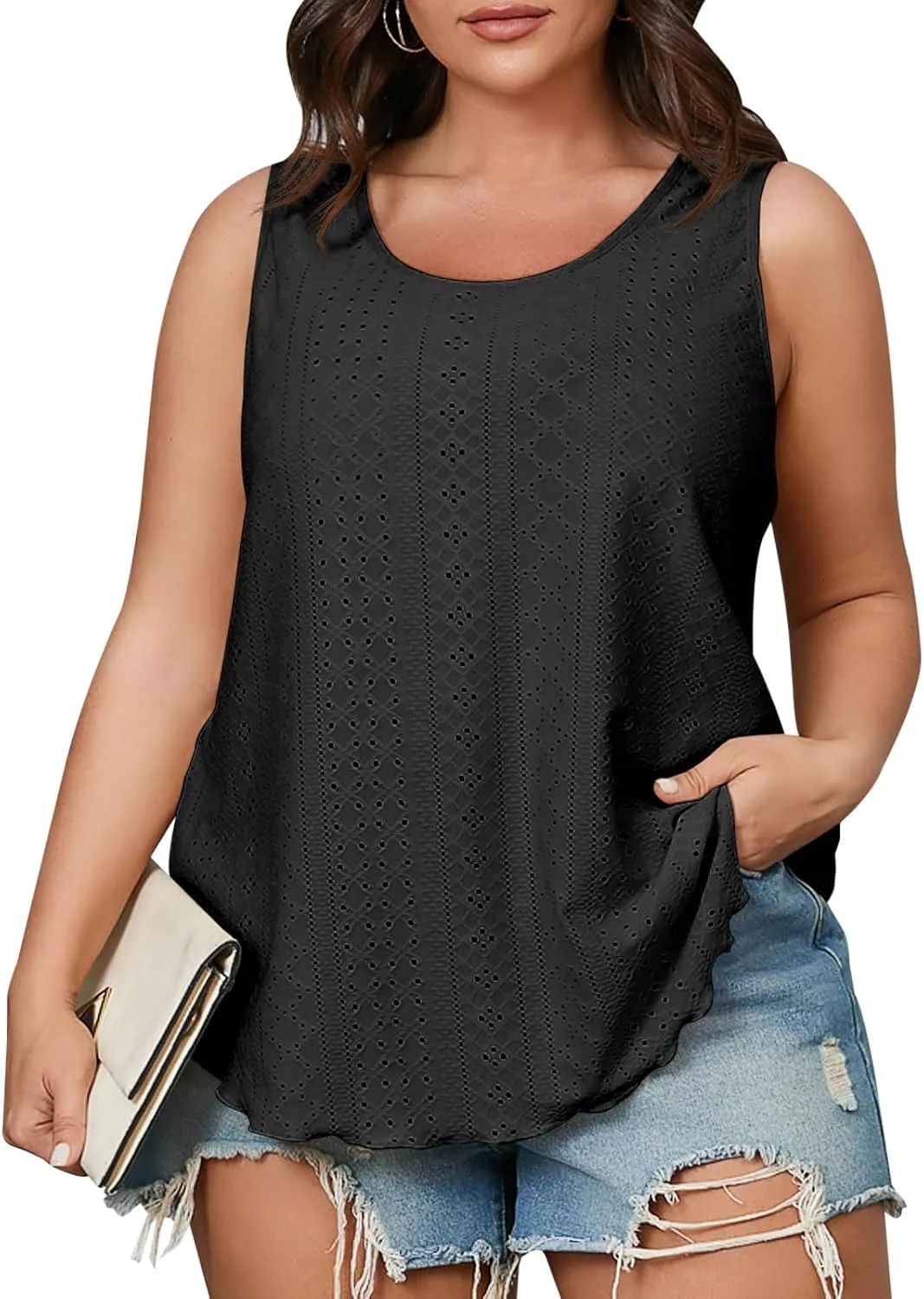 Beautife Womens Plus Size Eyelet Tank Tops Summer Casual Scoop Neck Sleeveless Shirts Loose Fit Flowy Curvy Tunics