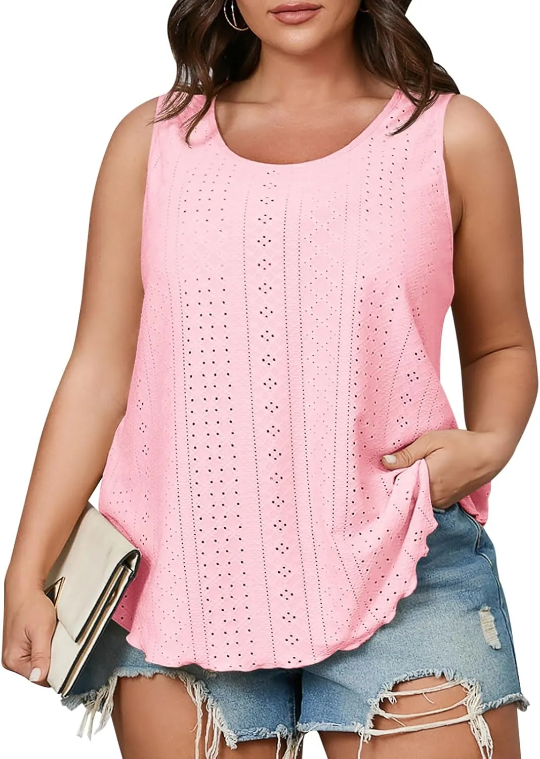 Beautife Womens Plus Size Eyelet Tank Tops Summer Casual Scoop Neck Sleeveless Shirts Loose Fit Flowy Curvy Tunics