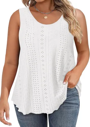 Beautife Womens Plus Size Eyelet Tank Tops Summer Casual Scoop Neck Sleeveless Shirts Loose Fit Flowy Curvy Tunics