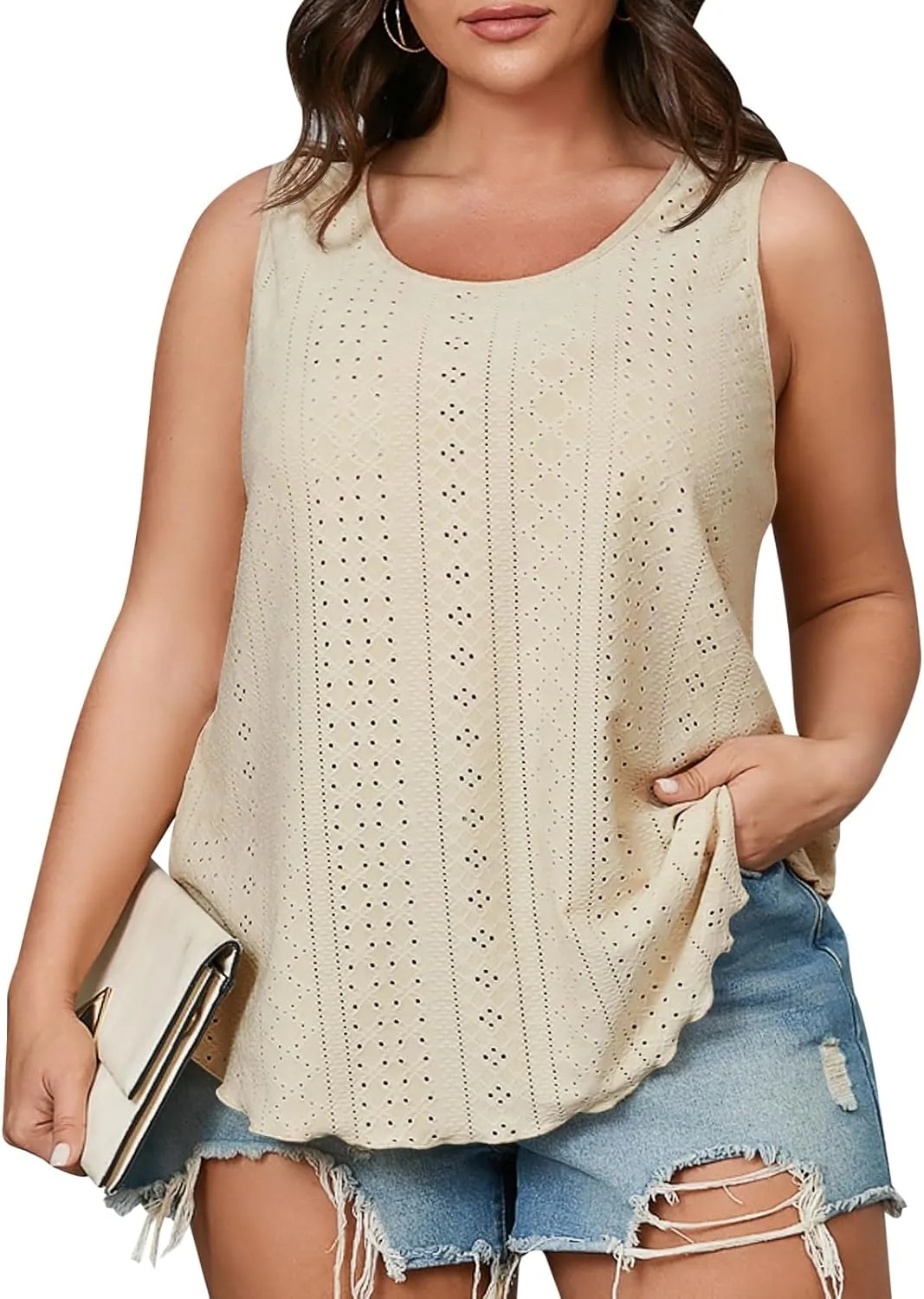 Beautife Womens Plus Size Eyelet Tank Tops Summer Casual Scoop Neck Sleeveless Shirts Loose Fit Flowy Curvy Tunics