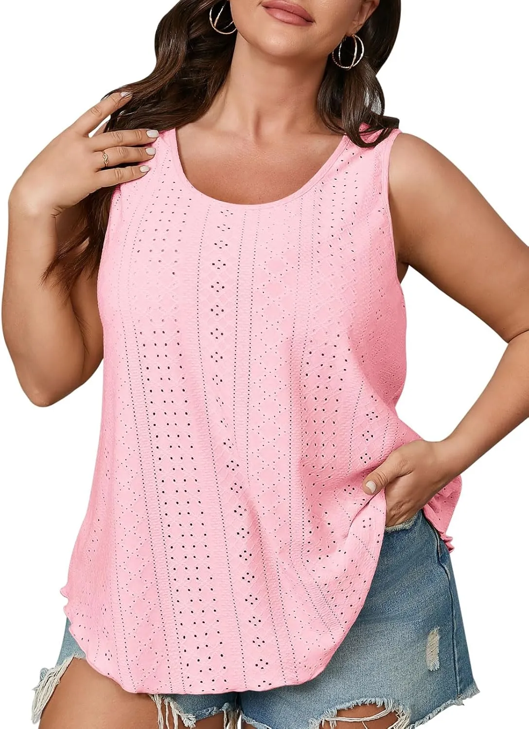 Beautife Womens Plus Size Eyelet Tank Tops Summer Casual Scoop Neck Sleeveless Shirts Loose Fit Flowy Curvy Tunics