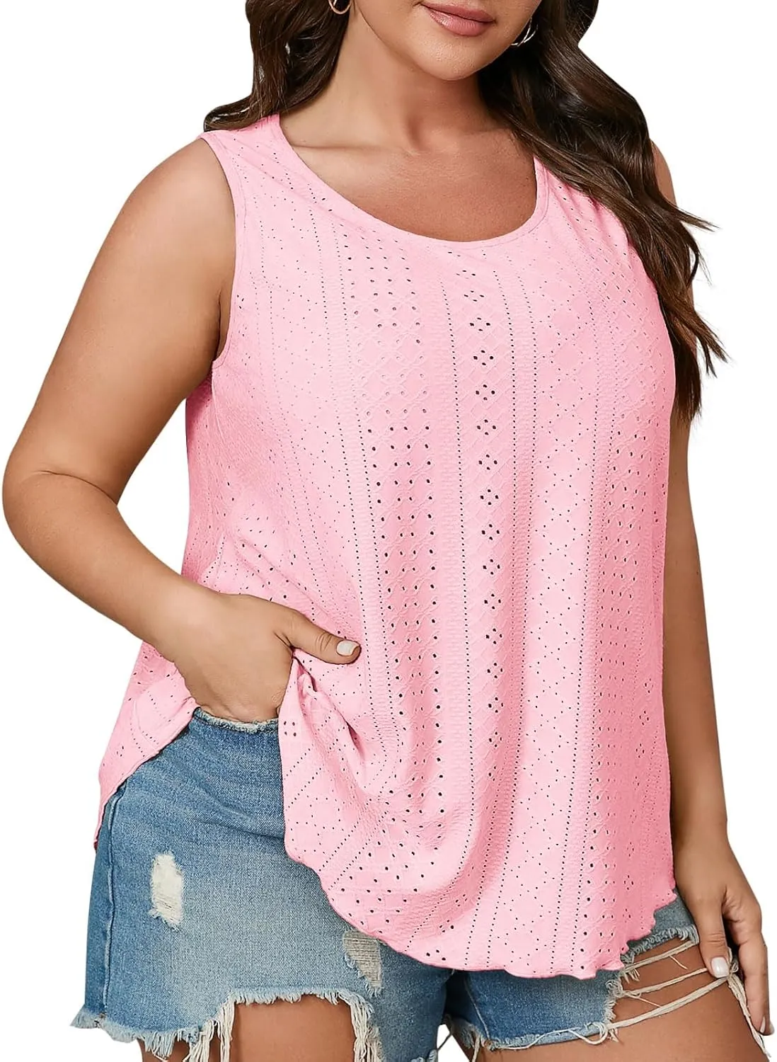 Beautife Womens Plus Size Eyelet Tank Tops Summer Casual Scoop Neck Sleeveless Shirts Loose Fit Flowy Curvy Tunics