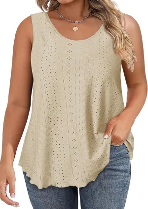 Beautife Womens Plus Size Eyelet Tank Tops Summer Casual Scoop Neck Sleeveless Shirts Loose Fit Flowy Curvy Tunics