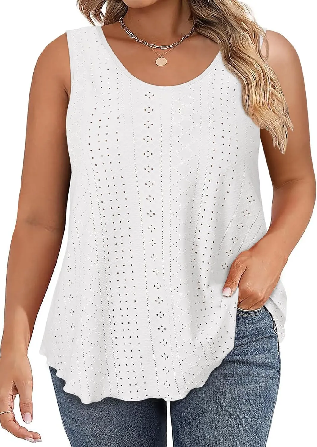 Beautife Womens Plus Size Eyelet Tank Tops Summer Casual Scoop Neck Sleeveless Shirts Loose Fit Flowy Curvy Tunics