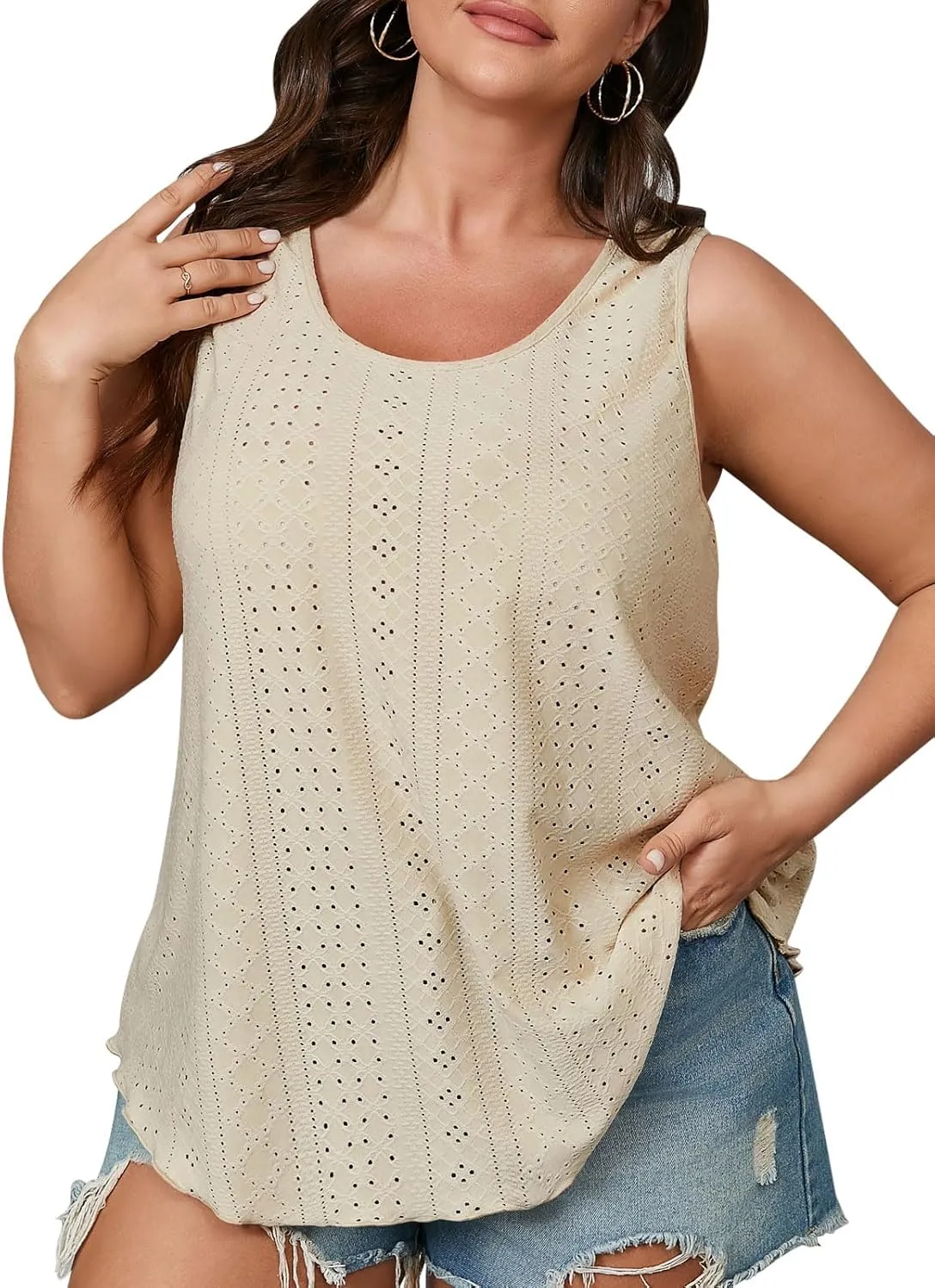 Beautife Womens Plus Size Eyelet Tank Tops Summer Casual Scoop Neck Sleeveless Shirts Loose Fit Flowy Curvy Tunics