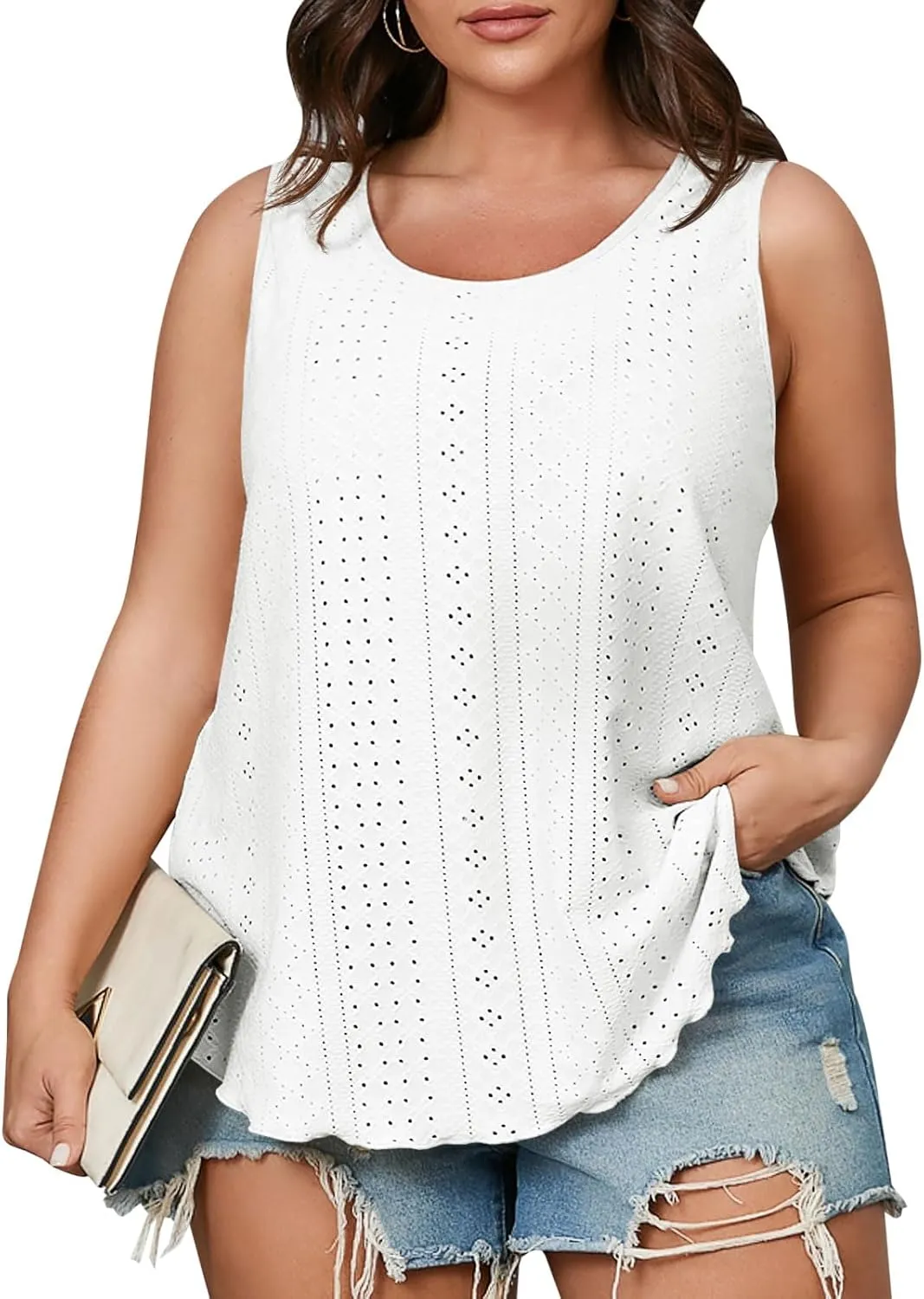 Beautife Womens Plus Size Eyelet Tank Tops Summer Casual Scoop Neck Sleeveless Shirts Loose Fit Flowy Curvy Tunics