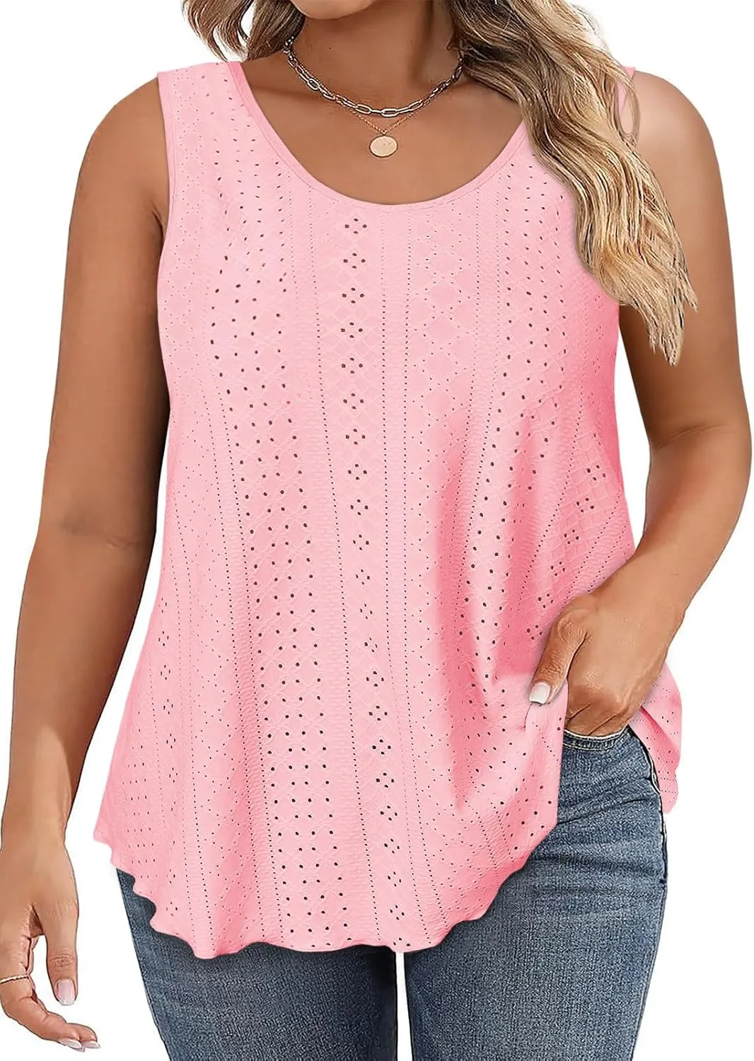 Beautife Womens Plus Size Eyelet Tank Tops Summer Casual Scoop Neck Sleeveless Shirts Loose Fit Flowy Curvy Tunics