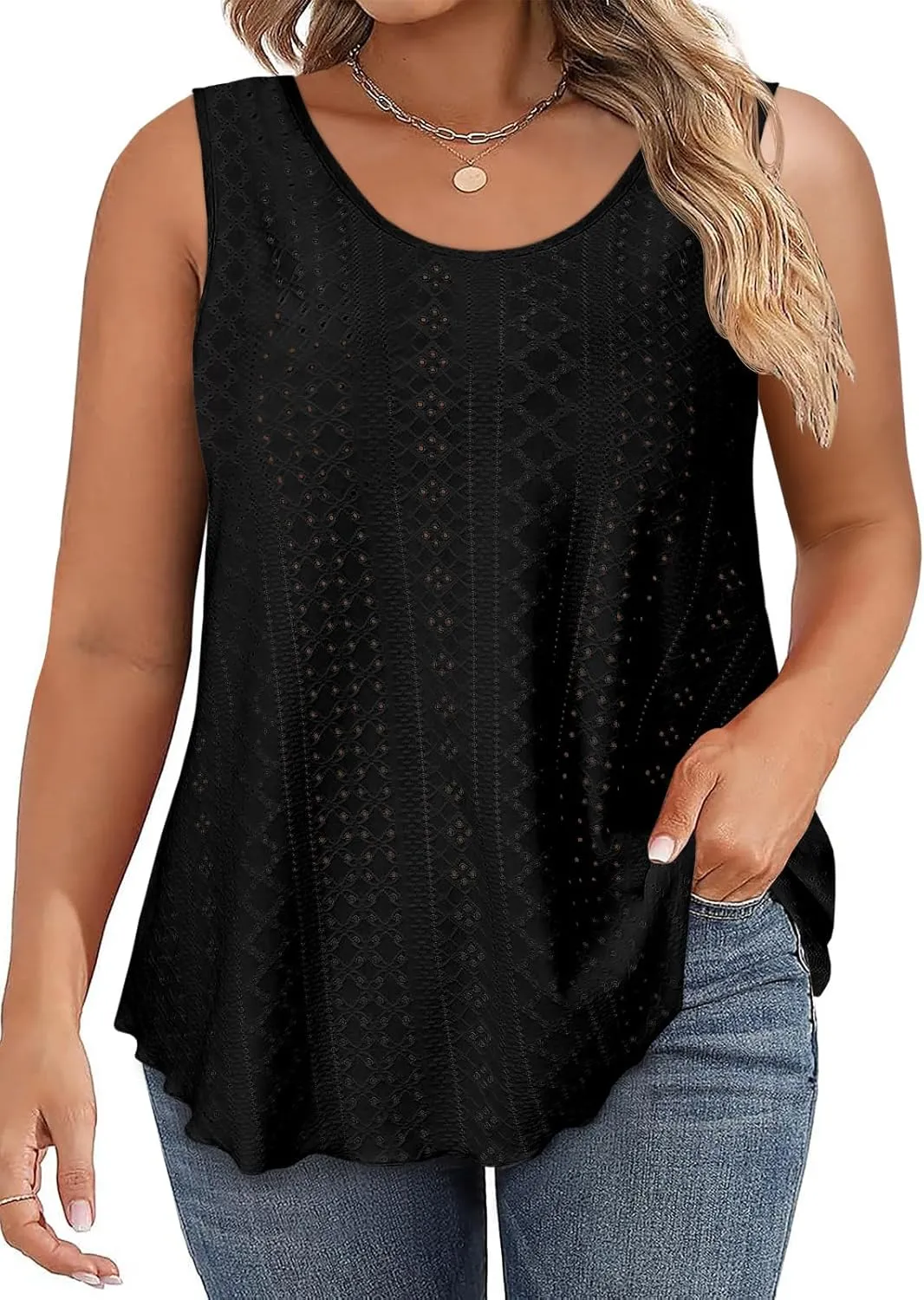 Beautife Womens Plus Size Eyelet Tank Tops Summer Casual Scoop Neck Sleeveless Shirts Loose Fit Flowy Curvy Tunics