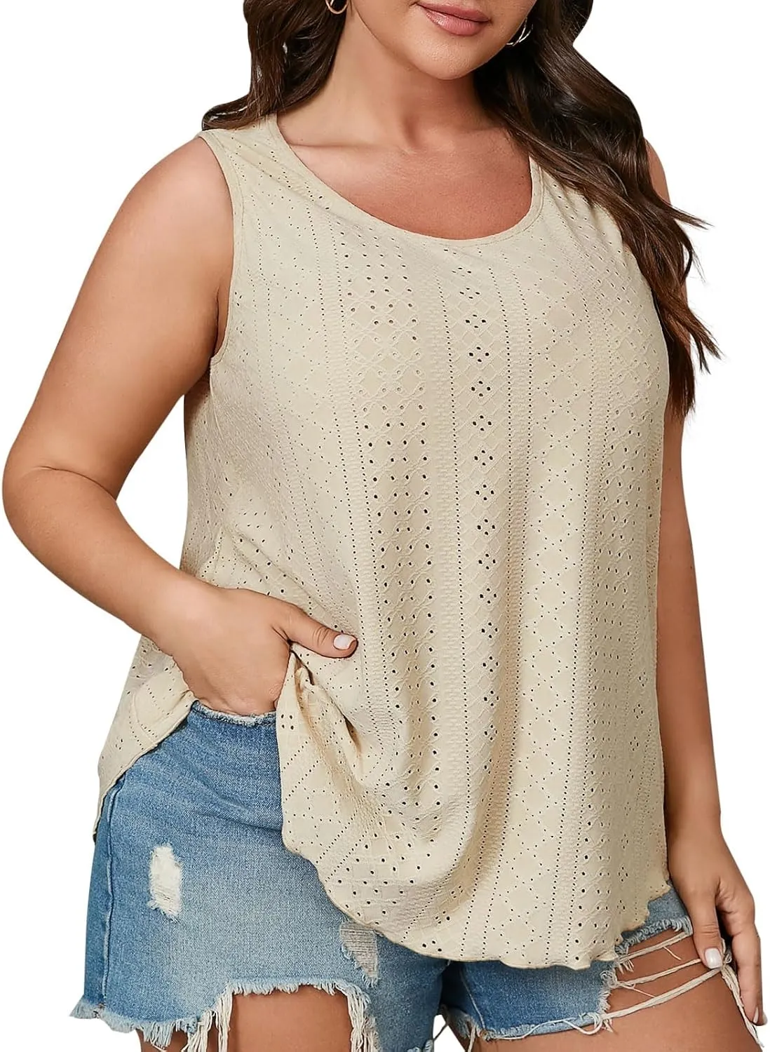 Beautife Womens Plus Size Eyelet Tank Tops Summer Casual Scoop Neck Sleeveless Shirts Loose Fit Flowy Curvy Tunics