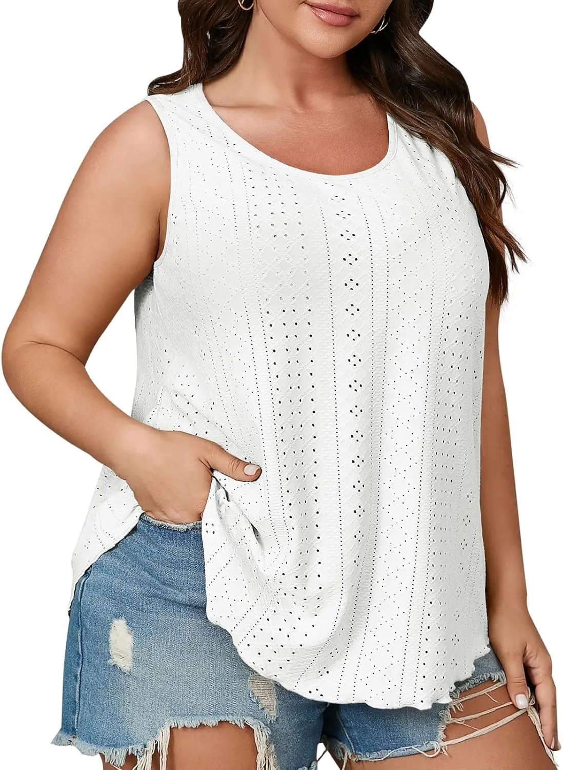 Beautife Womens Plus Size Eyelet Tank Tops Summer Casual Scoop Neck Sleeveless Shirts Loose Fit Flowy Curvy Tunics