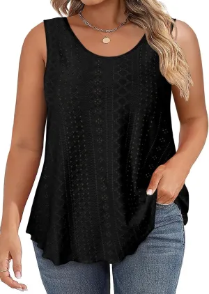 Beautife Womens Plus Size Eyelet Tank Tops Summer Casual Scoop Neck Sleeveless Shirts Loose Fit Flowy Curvy Tunics