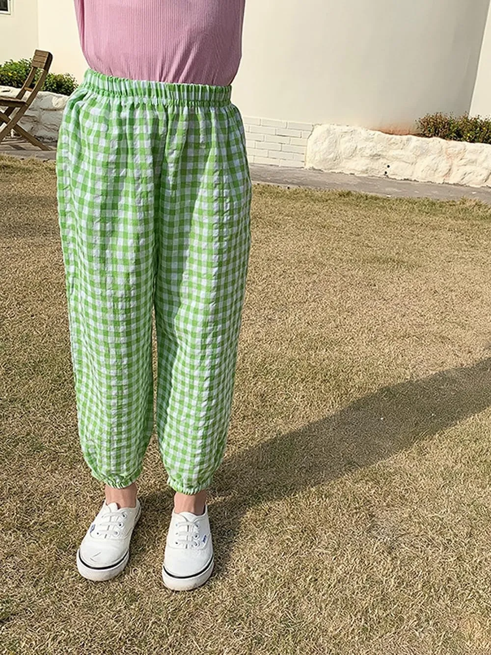 BINIDUCKLING Toddler Pull Up Loose Gingham Girls Pants 2-9 Years