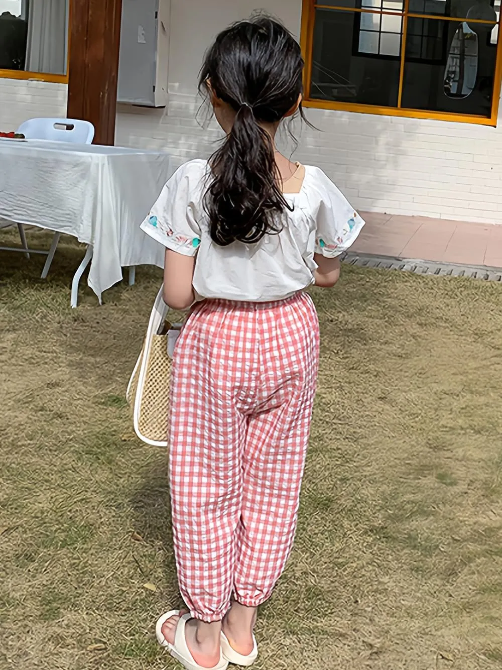 BINIDUCKLING Toddler Pull Up Loose Gingham Girls Pants 2-9 Years