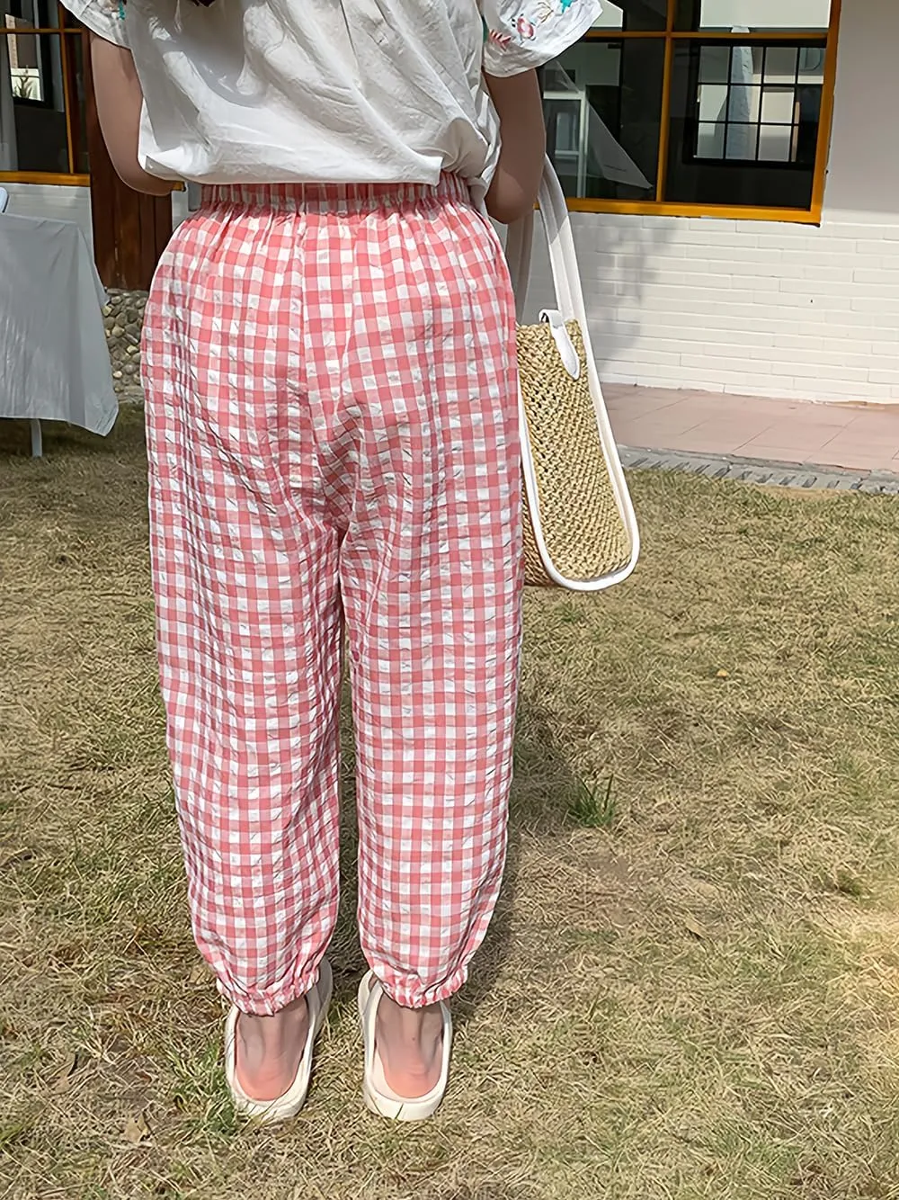 BINIDUCKLING Toddler Pull Up Loose Gingham Girls Pants 2-9 Years