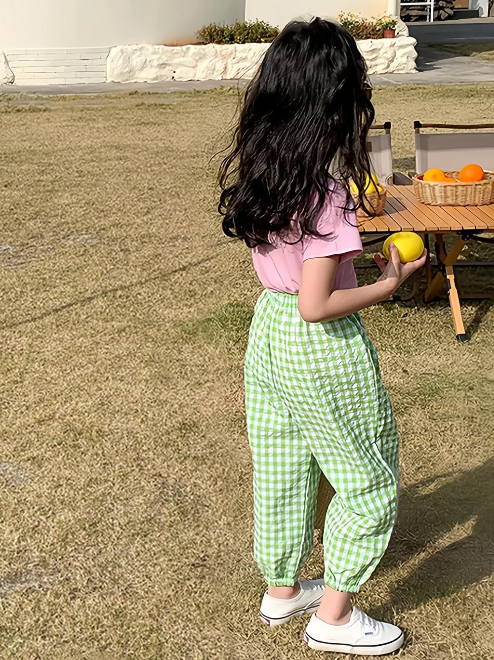 BINIDUCKLING Toddler Pull Up Loose Gingham Girls Pants 2-9 Years