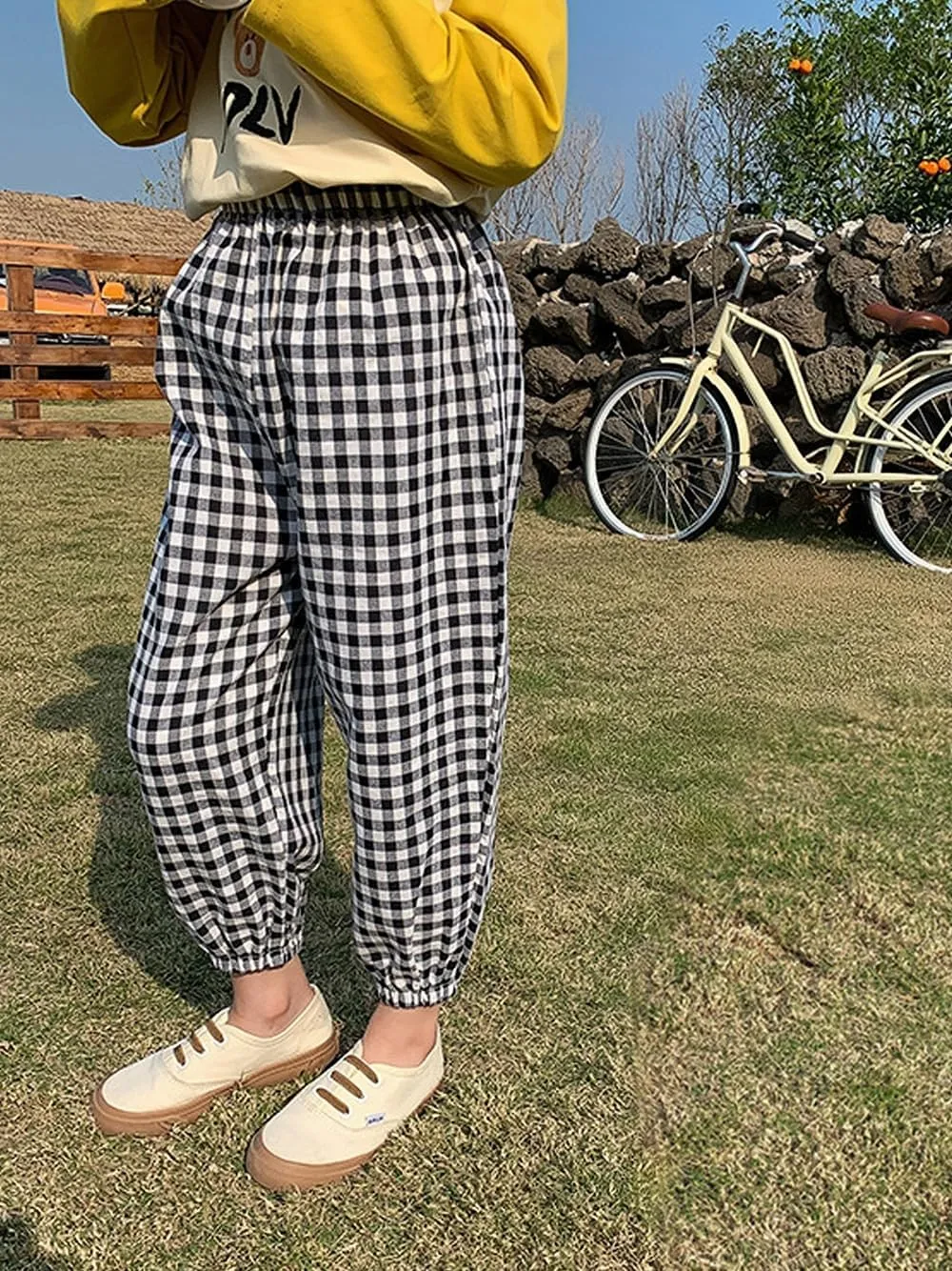 BINIDUCKLING Toddler Pull Up Loose Gingham Girls Pants 2-9 Years