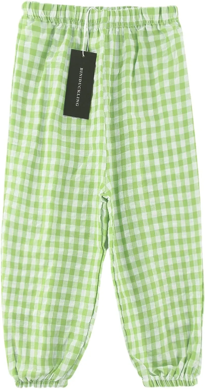 BINIDUCKLING Toddler Pull Up Loose Gingham Girls Pants 2-9 Years
